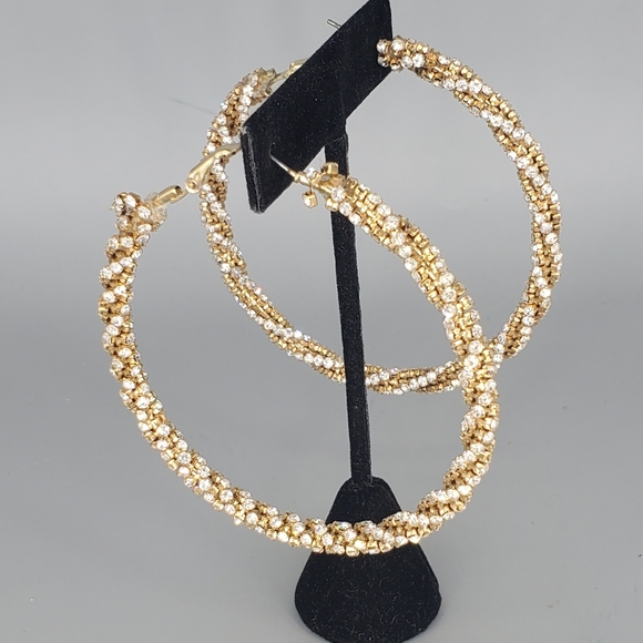 Goldtone Rhinestone Large Hoop Earrings - Picture 1 of 10